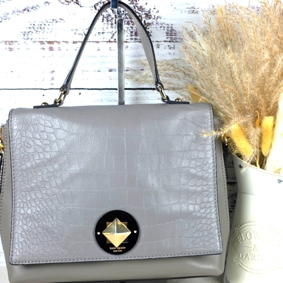 KATE SPADE GRAY BAG VARICK STREET ABBIE EXOTIC LEATHER SUEDE SATCHEL PURSE XBODY - Picture 2 of 16